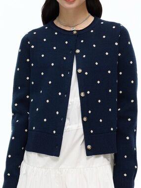 Navy Polka Dot Crewneck Button Cardigan